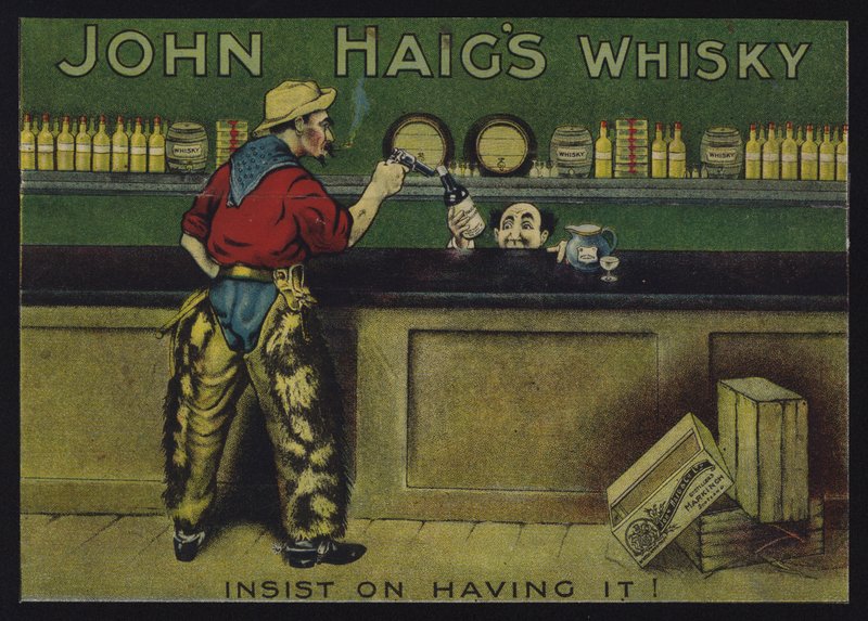 Cowboy in een saloon, advertentie voor John Haig