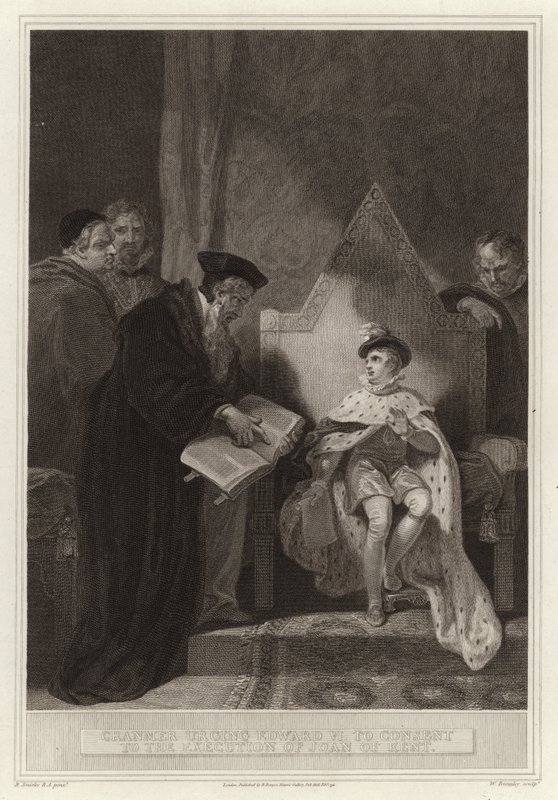 Cranmer dringt er bij Eduard VI op aan in te stemmen met de executie van Joan van Kent door English School