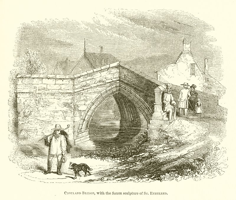 Croyland Bridge, met de Saksische sculptuur van St. Ethelred door English School
