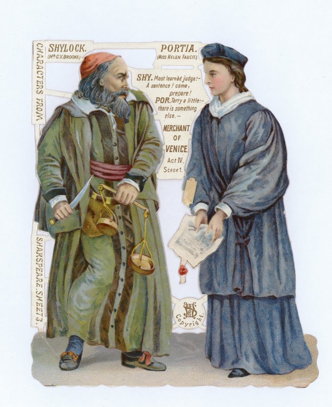 Uitgesneden van Shylock en Portia uit De Koopman van Venetië door English School