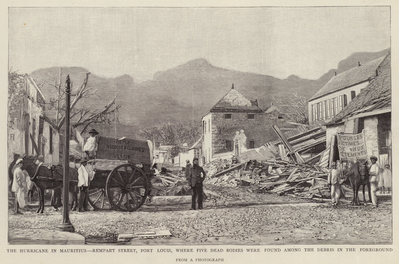Schade aan Rempart Street, Port Louis, veroorzaakt door de Mauritius-cycloon van 1892 door English School