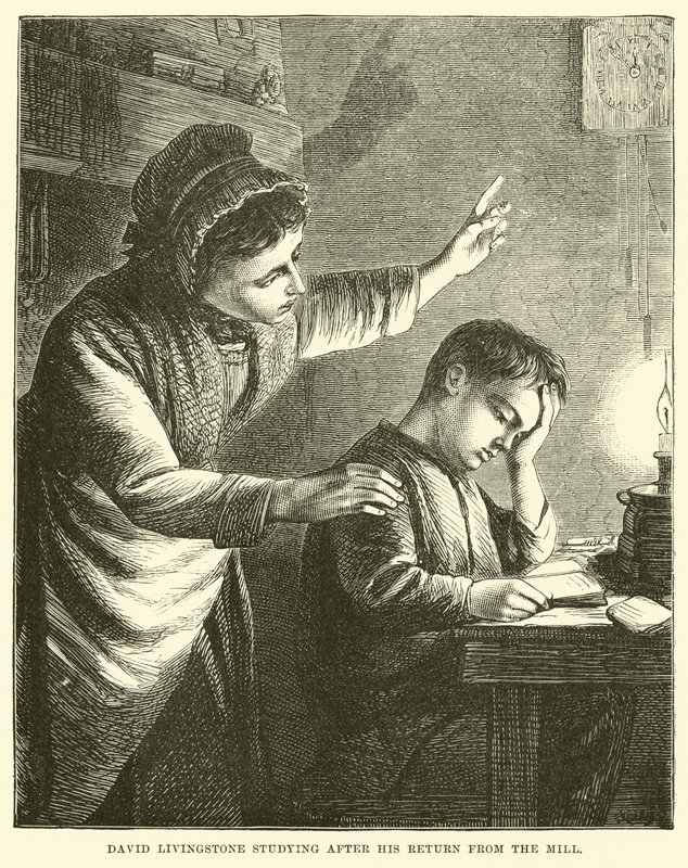 David Livingstone studeert na zijn terugkeer van de molen door English School
