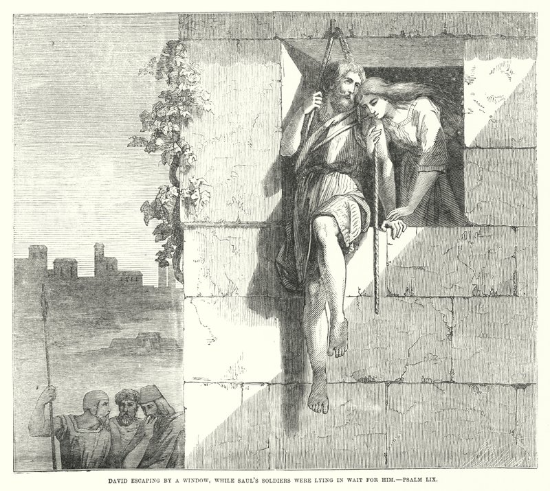 David ontsnapt door een raam, terwijl Sauls soldaten op hem wachten, Psalm LIX (gravure) door English School