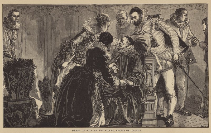 De dood van Willem de Zwijger, Prins van Oranje (gravure) door English School