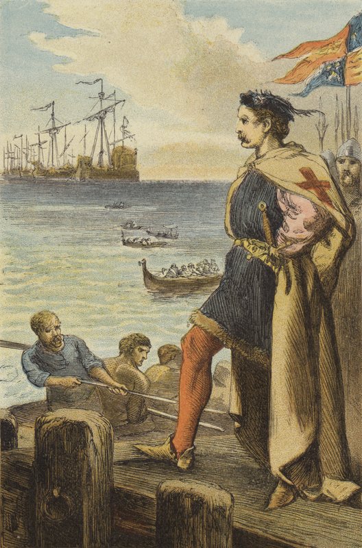 Vertrek van Richard I naar Palestina (gekleurde gravure) door English School