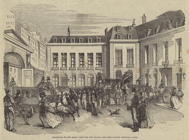 Vertrek van de post vanuit het postkantoor, Rue Jean Jacques Rousseau, Parijs (gravure) door English School