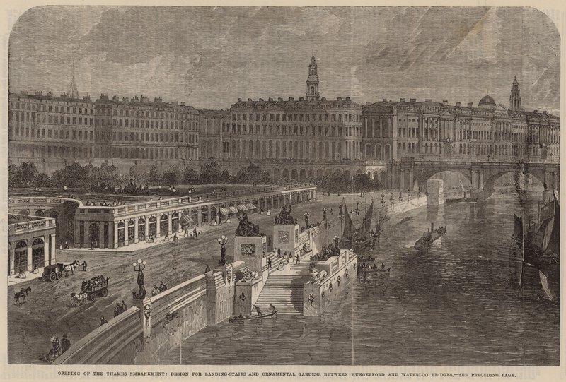 Ontwerp voor aanlegsteigers en sierlijke tuinen tussen Hungerford en Waterloo Bridges door English School