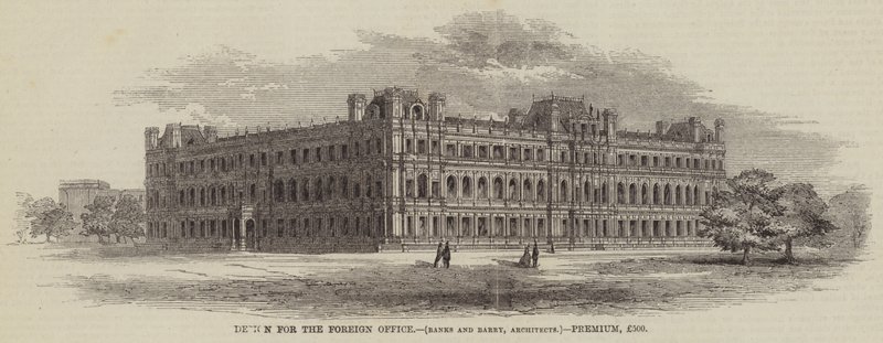 Ontwerp voor het ministerie van Buitenlandse Zaken, Banks en Barry, architecten, premie, £500 (gravure) door English School