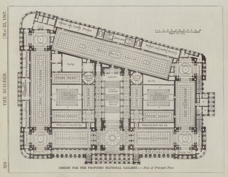 Ontwerp voor de Voorgestelde Nationale Galerie, Plattegrond van de Hoofdverdieping (gravure) door English School