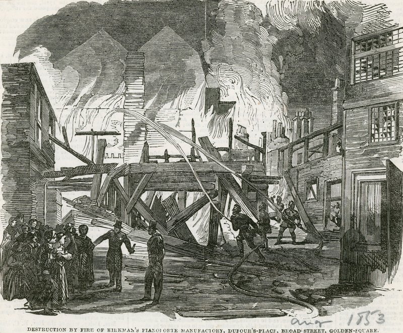 Destruction by Fire of Kirkmans Pianoforte manufactory, Dufours Place, Broad Street, Golden Square door English School