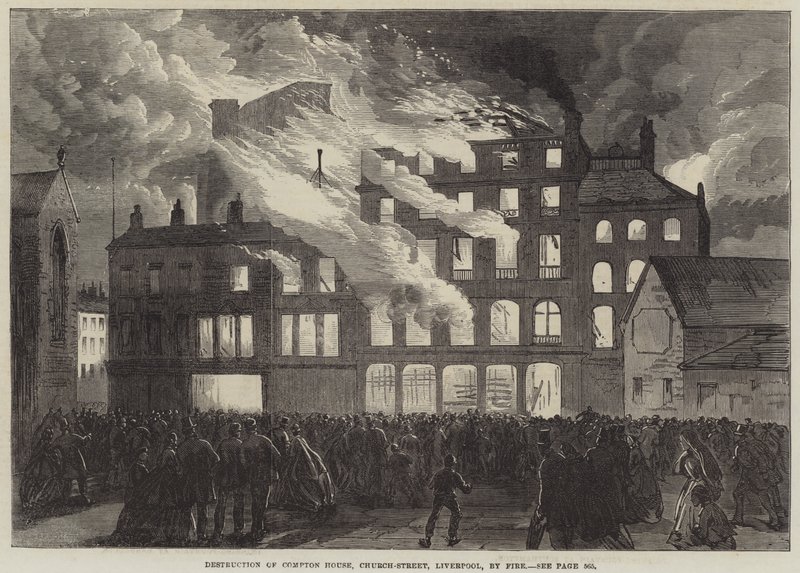 Vernietiging van Compton House, Church-Street, Liverpool, door brand door English School