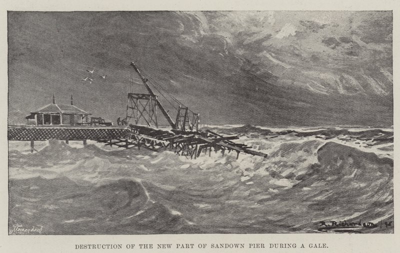 Vernietiging van het nieuwe deel van Sandown Pier tijdens een storm door English School