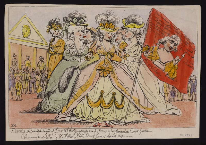 Devonia, de mooie dochter van liefde en vrijheid, nodigt de zonen van vrijheid uit naar haar standaard in Covent Garden: politieke satire op de steun van de Hertogin van Devonshire voor Charles James Fox door English School