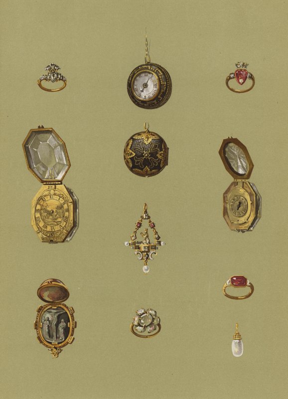 Diamanten ring, gouden horloge, bloedsteen camee, gouden horloge, juweel solitaire, opaal rouwring van Mary Queen of Scots, gouden ring van prinses Elizabeth, gouden horloge van achthoekige vorm, gouden ring, pareloorbel door English School