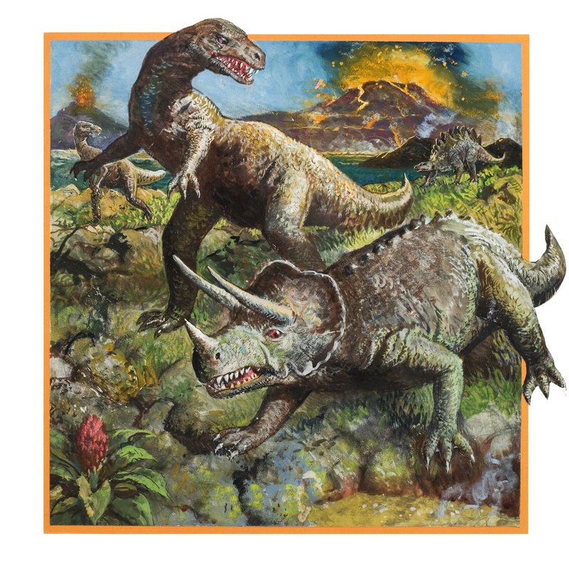 Dinosaurussen met vulkaan (gouache op papier) door English School