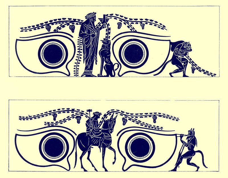 Dionysos, Hephaistos en satyrs, illustratie uit Griekse Vaas Schilderijen door J. E. Harrison en D. S. MacColl, gepubliceerd 1894 door English School