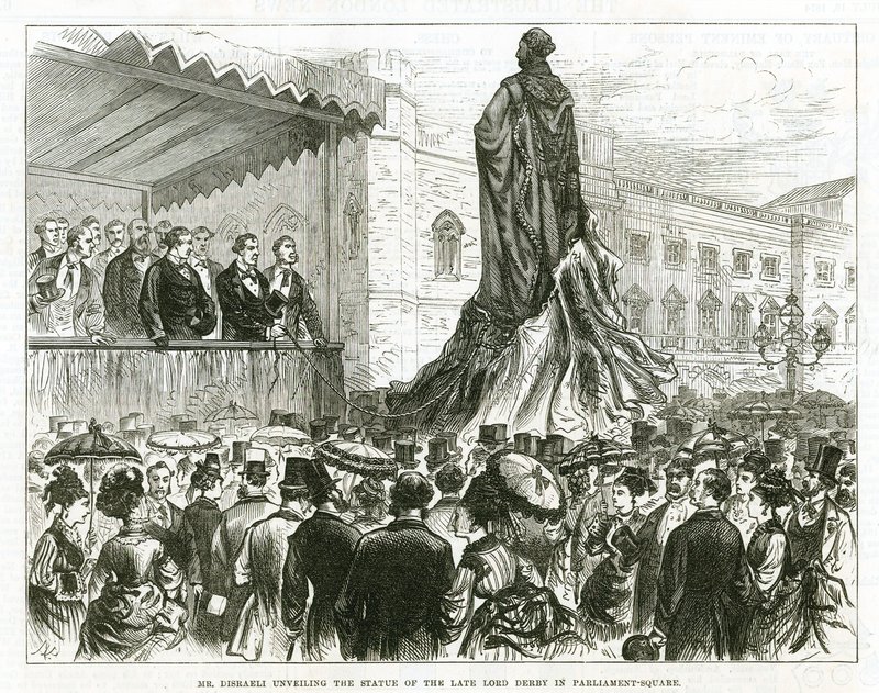 Disraeli onthult het standbeeld van de overleden Lord Derby op Parliament Square, Westminster door English School