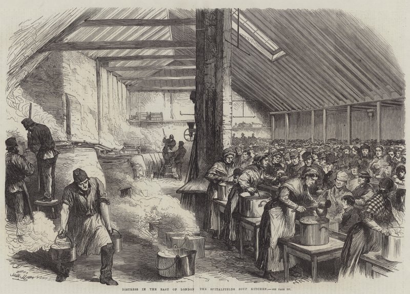 Nood in het oosten van Londen, de Spitalfields soepkeuken door English School