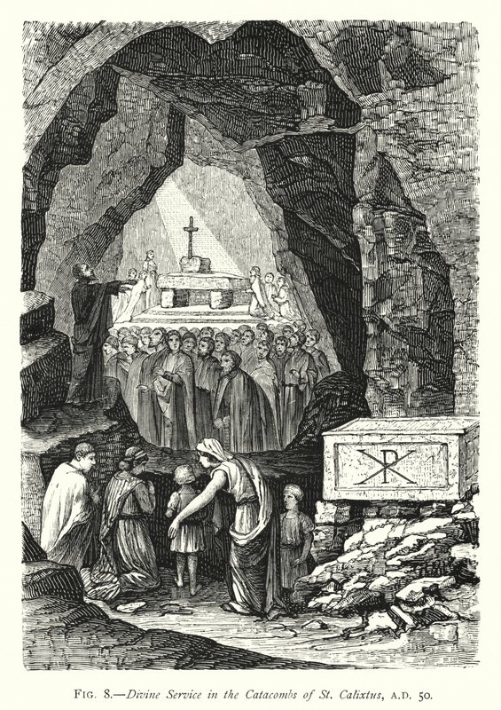 Goddelijke Dienst in de Catacomben van Sint Calixtus, AD 50 door English School