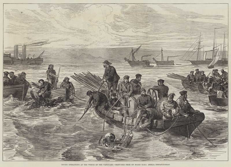 Duikoperaties bij het wrak van de Vanguard, geschetst vanaf HMS Amelia Despatch-Boat door English School