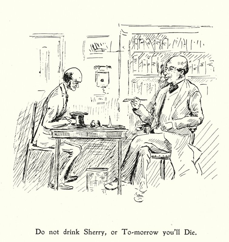 Drink geen sherry, anders sterf je morgen; eet, drink en wees vrolijk, want morgen sterven we (litho) door English School