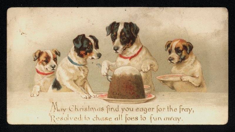 Honden serveren een kerstpudding, kerstkaart door English School