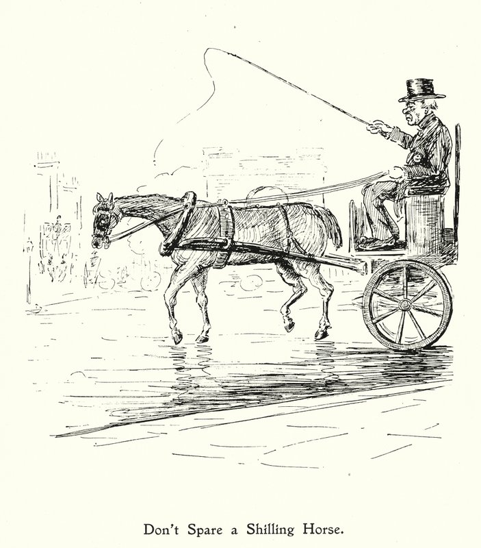 Spaar geen paard met een shilling; spoor een gewillig paard niet aan (litho) door English School
