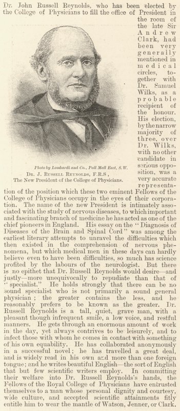 Dr. J Russell Reynolds, FRS, de nieuwe voorzitter van het College of Physicians door English School