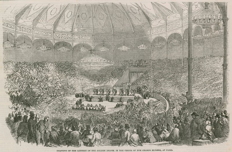 Trekking van de loterij van de Gouden Ingot in het Circus van de Champs Elysees, Parijs, Frankrijk door English School