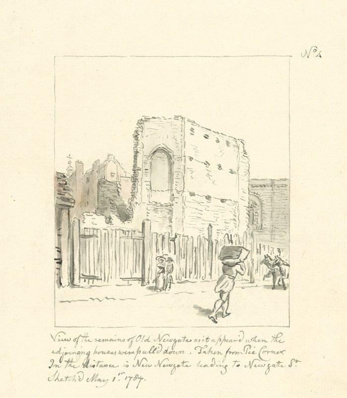 Tekening van de overblijfselen van Old Newgate (inkt op papier) door English School