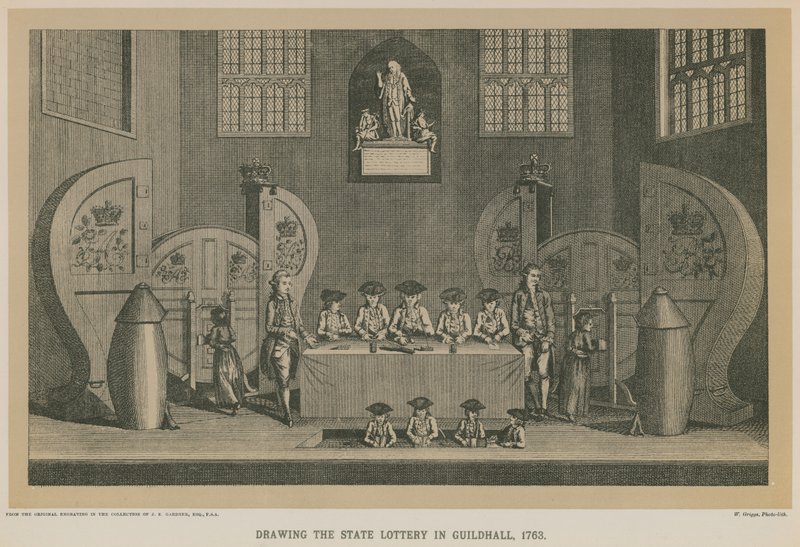 Trekking van de staatsloterij in Guildhall, 1763 door English School