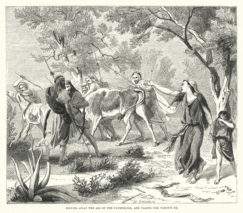 Het wegjagen van de ezel van de vaderloze en het nemen van de os van de weduwe (gravure) door English School