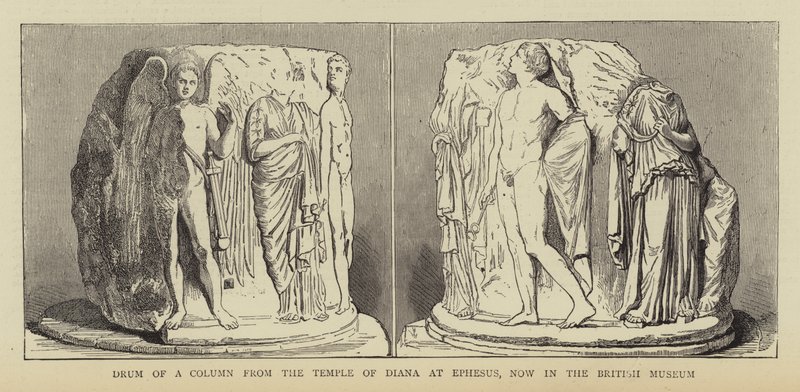 Trommel van een zuil uit de tempel van Diana in Efeze, nu in het British Museum (gravure) door English School