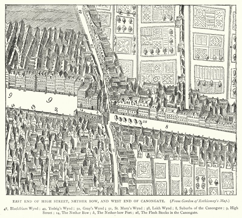 Oostkant van Hoofdstraat, Nether Bow, en Westkant van Canongate (gravure) door English School