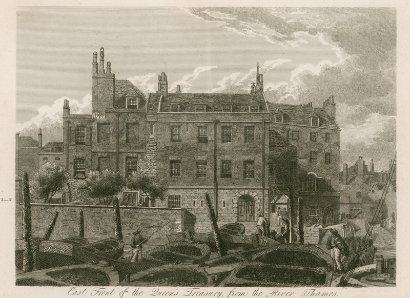 Oostelijke voorzijde van de Queens Treasury vanaf de rivier de Theems door English School