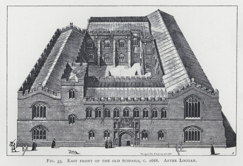 Oostgevel van de oude scholen, ca. 1688, naar Loggan door English School