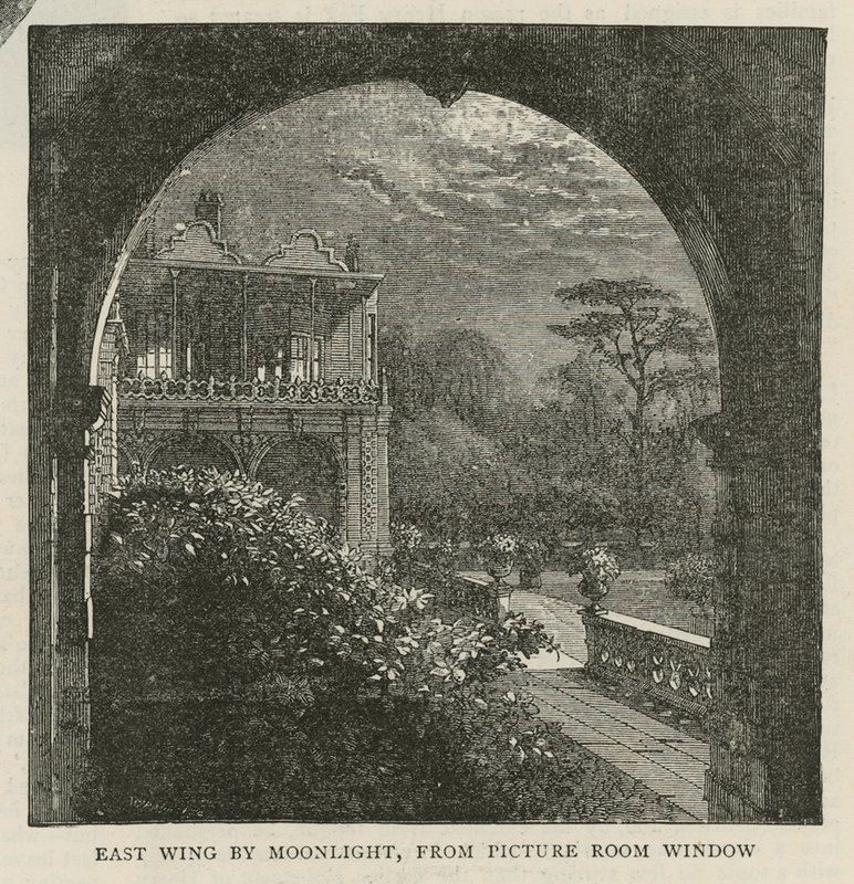 Oostvleugel bij maanlicht, vanuit het raam van de schilderkamer, Holland House door English School