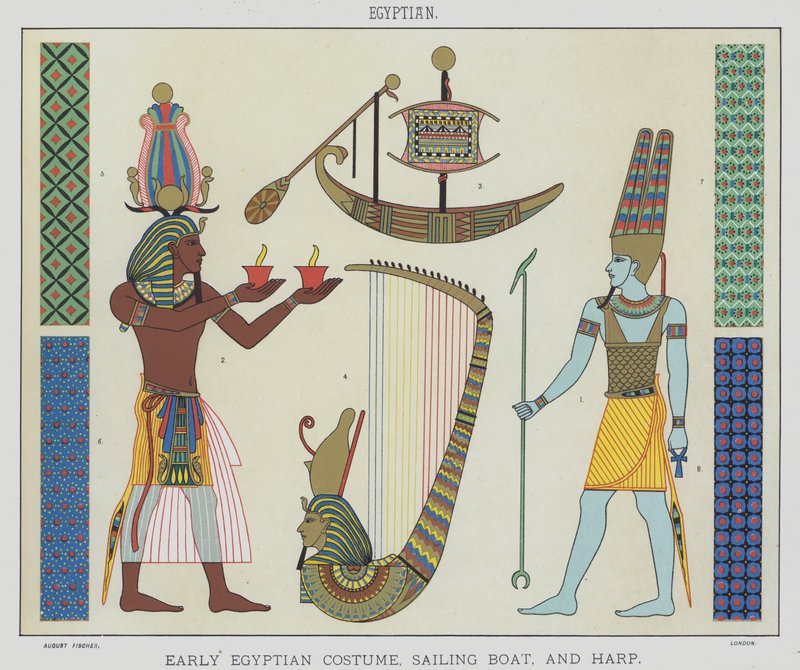 Egyptisch, vroeg Egyptisch kostuum, zeilboot en harp door English School
