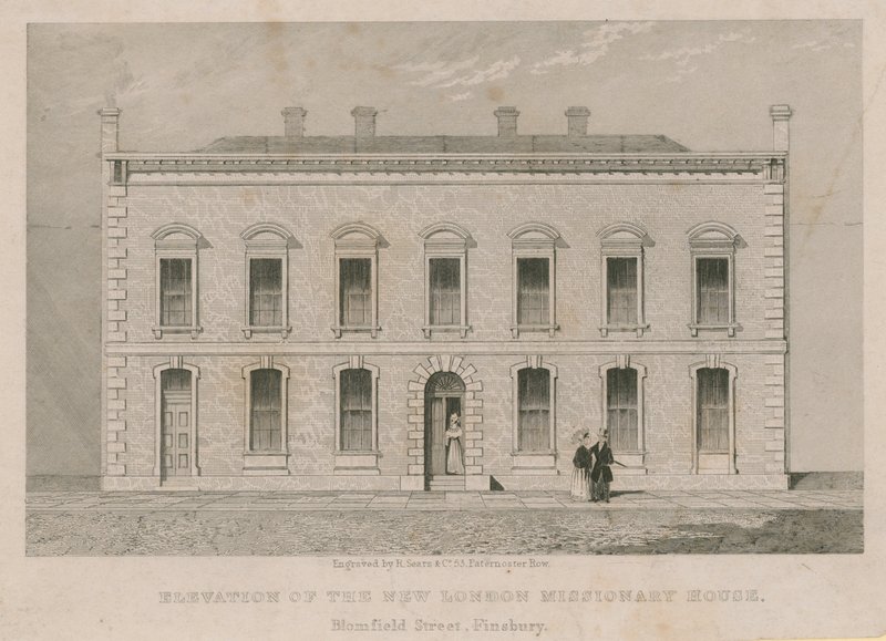 Opstand van het nieuwe London Missionary House, Blomfield Street, Finsbury door English School