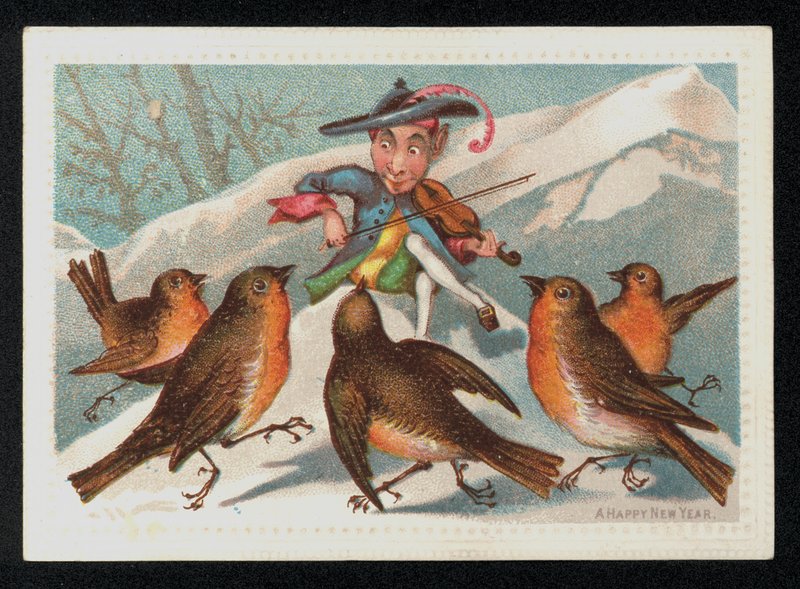 Elf met een viool die een groep roodborstjes vermaakt, nieuwjaarskaart door English School