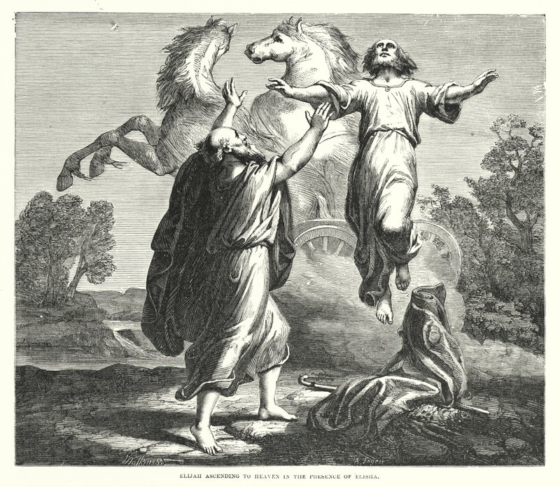 Elia stijgt op naar de hemel in de aanwezigheid van Elisa (gravure) door English School