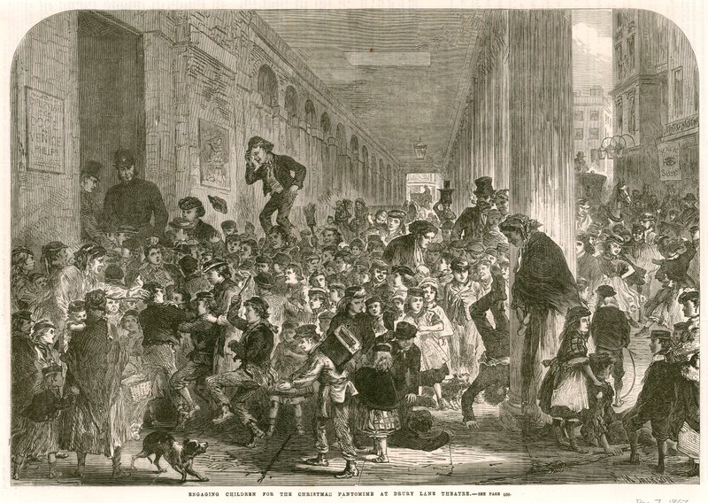 Kinderen inhuren voor de kerstpantomime in Drury Lane Theatre, Londen door English School