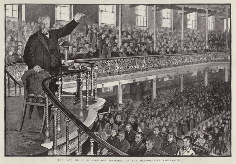 Engelse bijzondere baptistenprediker Charles Haddon Spurgeon die predikt in de Metropolitan Tabernacle, Londen door English School