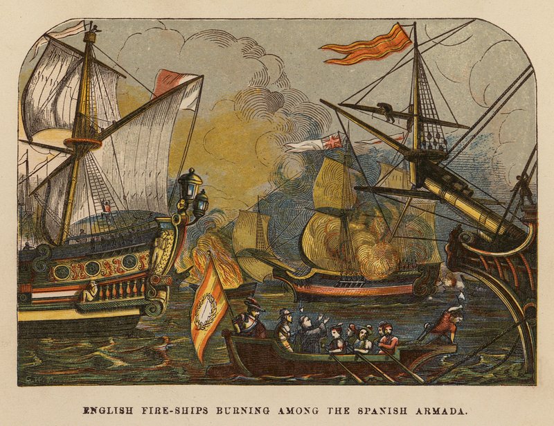 Engelse brandschepen branden tussen de Spaanse Armada (gekleurde gravure) door English School