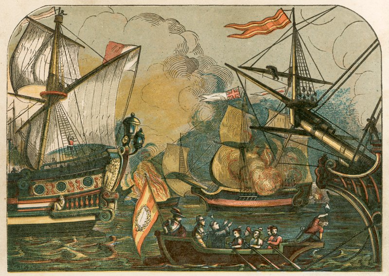 Engelse branderschepen branden tussen de Spaanse Armada door English School