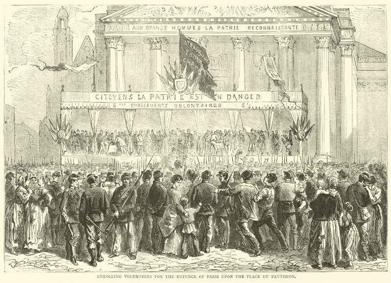 Vrijwilligers inschrijven voor de verdediging van Parijs op de Place du Pantheon, oktober 1870 door English School