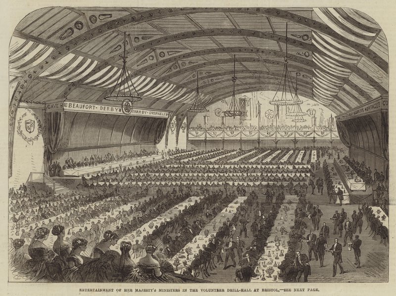 Vermaak van de Ministers van Hare Majesteit in de Vrijwillige Oefenhal in Bristol (gravure) door English School