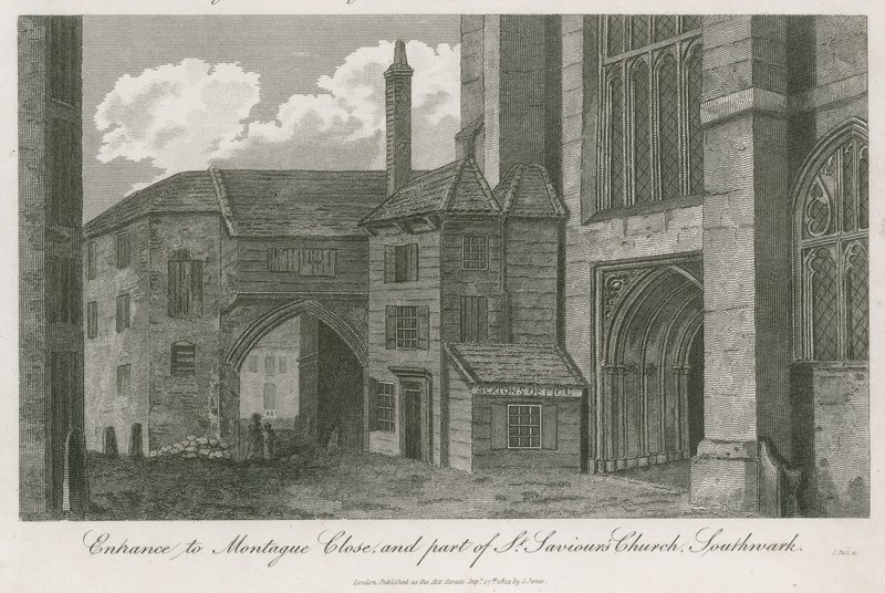 Ingang naar Montague Close en een deel van St Saviours Church, Southwark, Surrey door English School