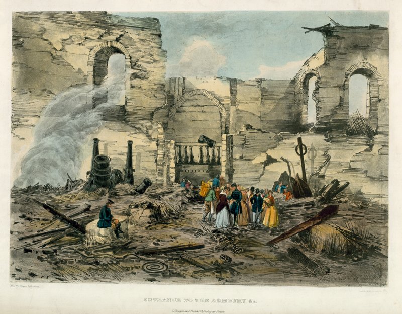 Ingang naar de wapenrusting, Brand in de Tower of London, 1841 door English School