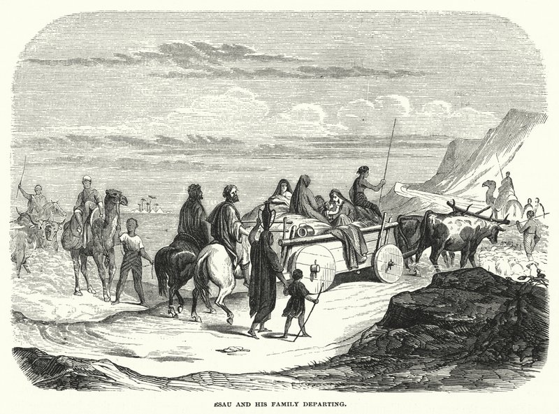 Esau en zijn familie vertrekken (gravure) door English School